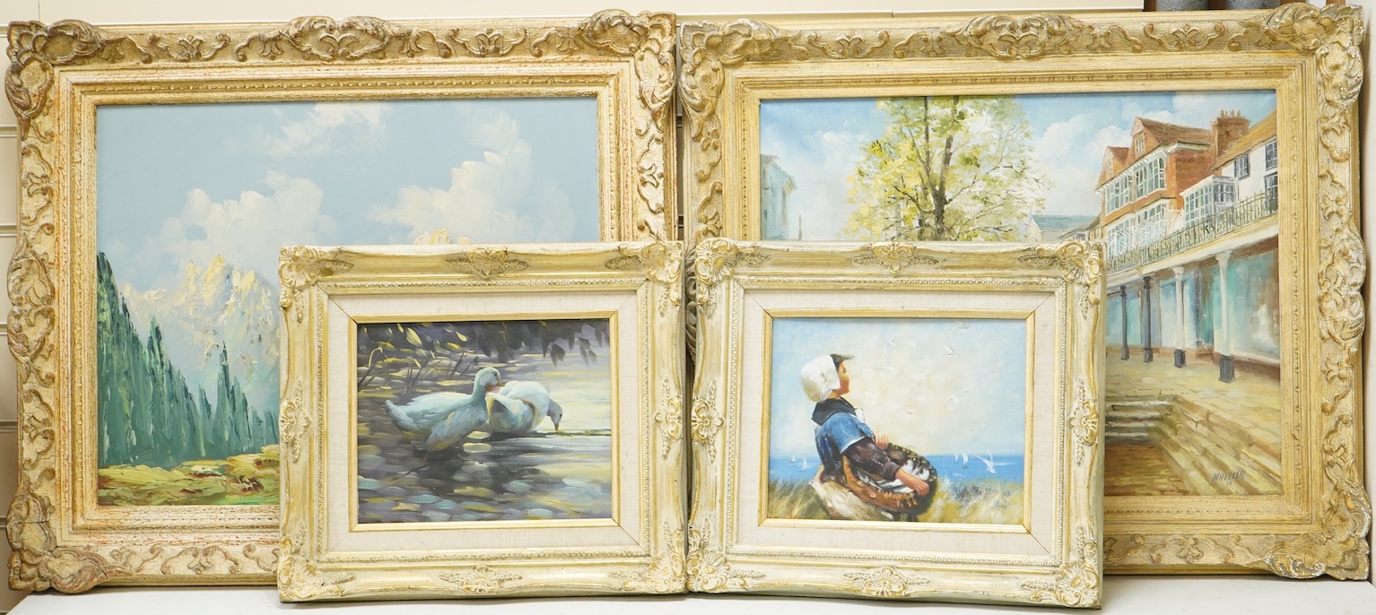 Four oils on canvas to include 'The Pantiles signed wheeler', an alpine scene, signed Rosa, and others, largest 39 x 50cm